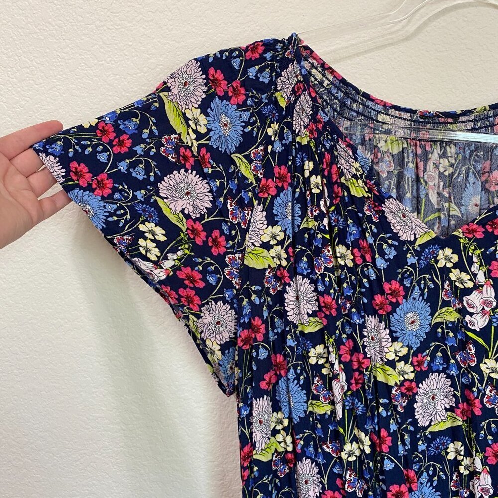 Talbots Navy Floral Butterfly Midi Dress 2X Tea Length Flutter Sleeve Viscose - Picture 3 of 7